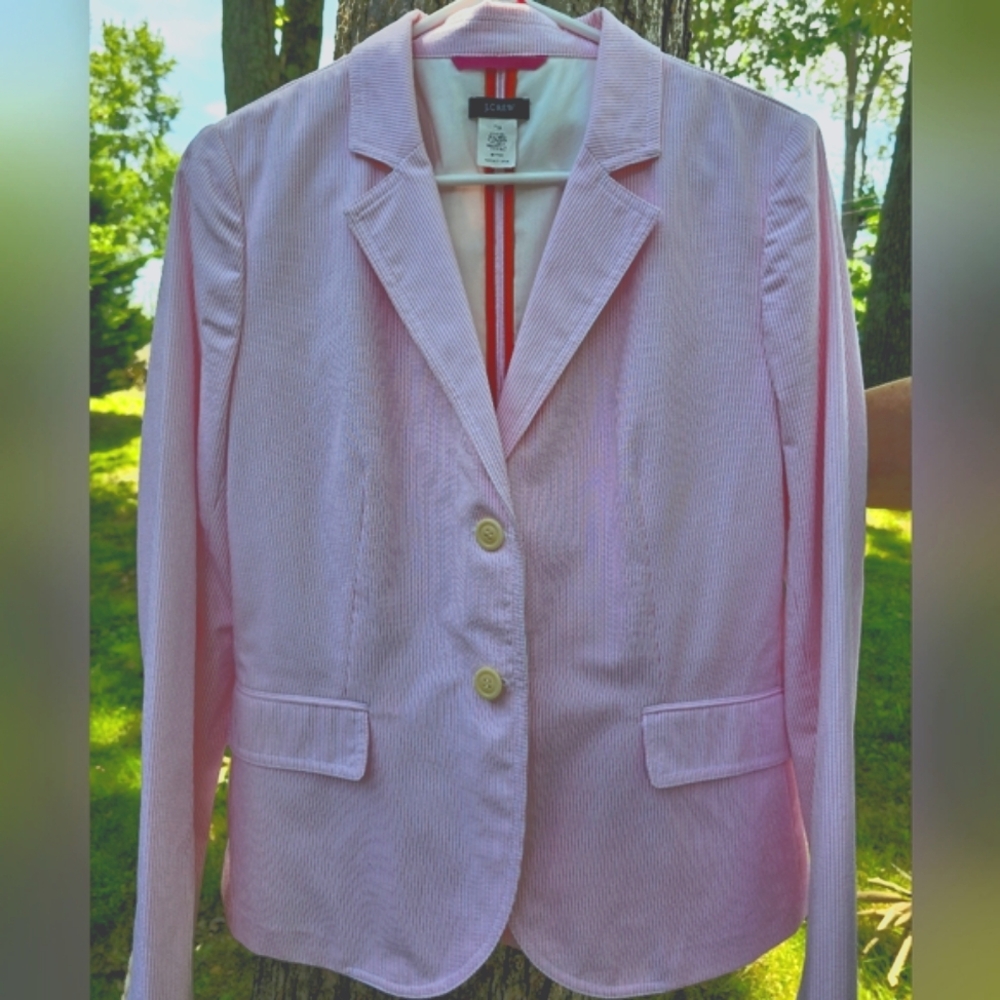 Womend J CREW Blazer, Pink Stripe Seersucker, Size 12 Tall